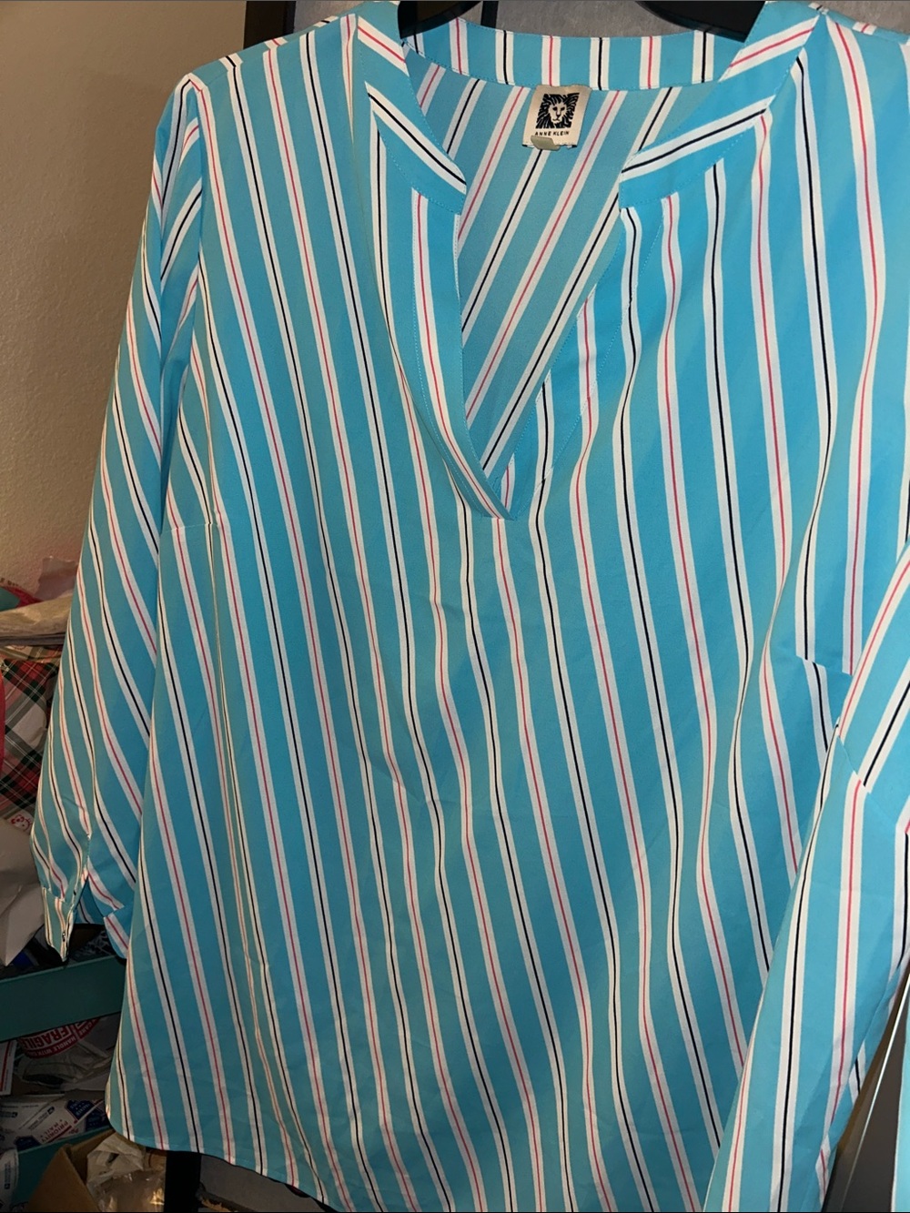 Anne Klein Teal Striped Split-Neck Blouse - Picture 8 of 8
